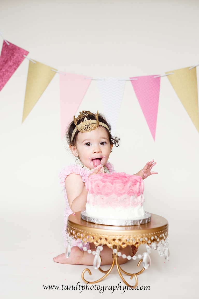 Raleigh Cake Smash Photographer, girl cake smash photography with pink and gold